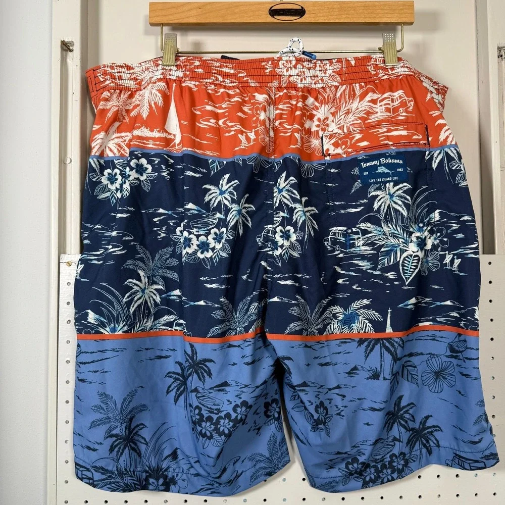 Tommy‎ Bahama Baja Palms Board Shorts Men's Blue Orange Drawstring Beach - 2XL